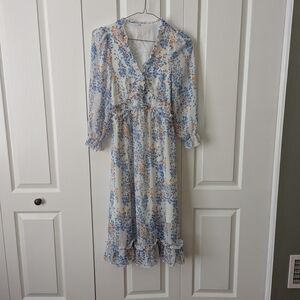 Blue and White Ruffled Tie Front Midi Dress